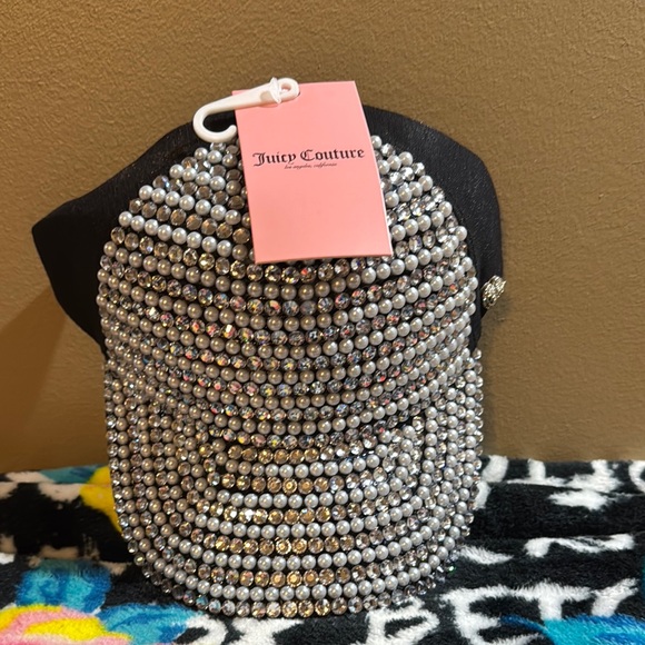 NWT Juicy Couture Black Cap with Rhinestones & Faux Pearls - Picture 2 of 10